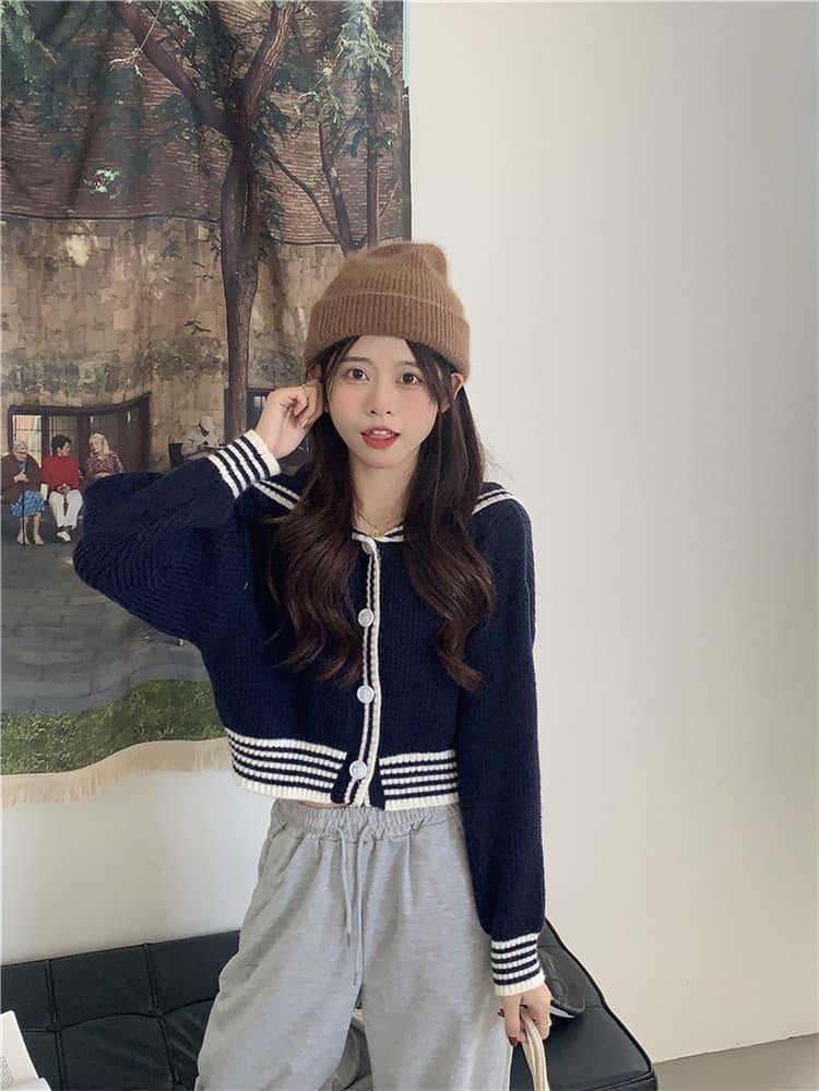 ネイビーコーデ 学院風ゆったりニットカーディガン トップス レディース