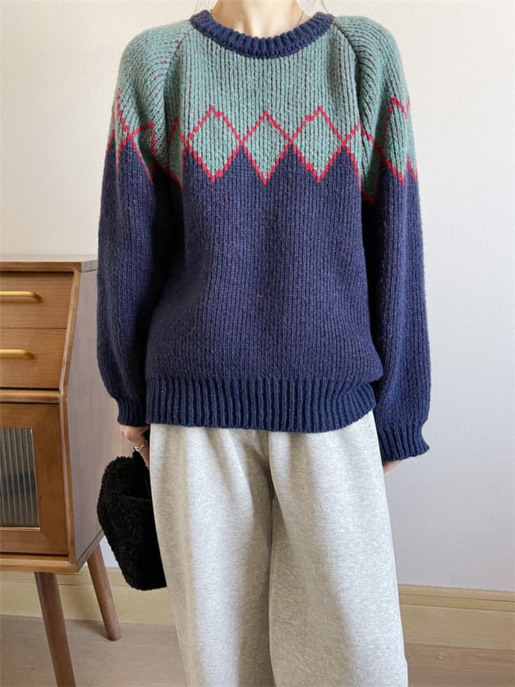 ネイビーコーデ 幾何学模様ニットセーター レトロ風トップス