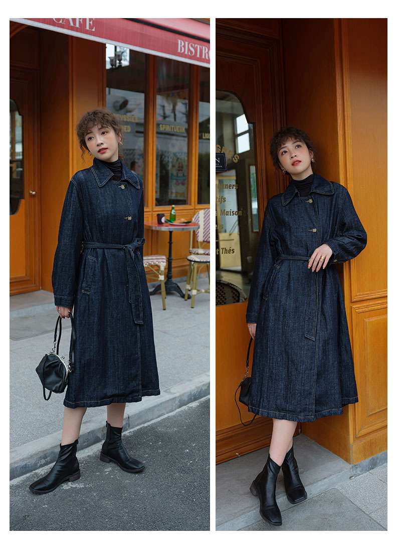 ネイビーコーデ すっきりシルエット デニム ロングコート