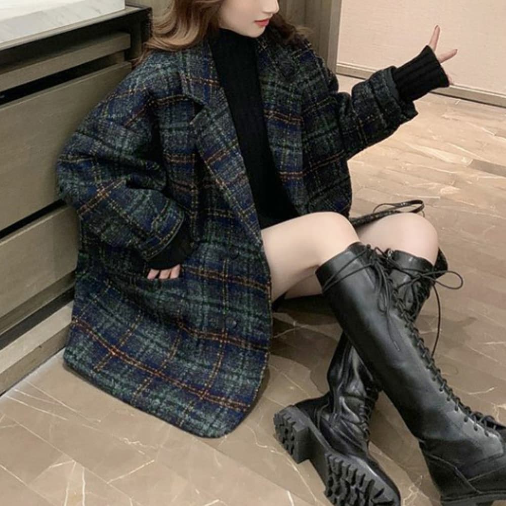 ネイビーコーデ ネイビー系チェック柄アウター レディース秋冬コート