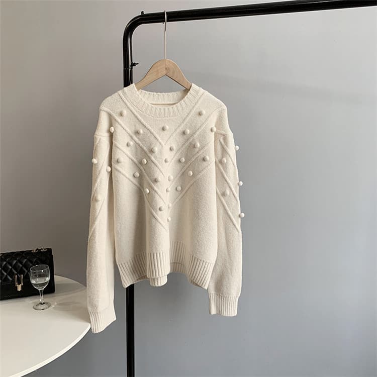 ネイビーコーデ 冬の暖かい厚手立体パール装飾トップス長袖ニット