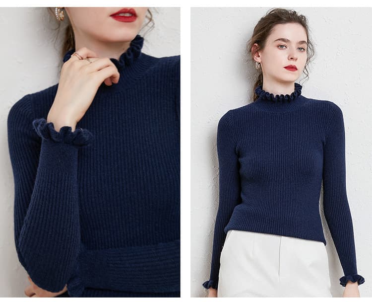 ネイビーコーデ フリル襟リブニットプルオーバー