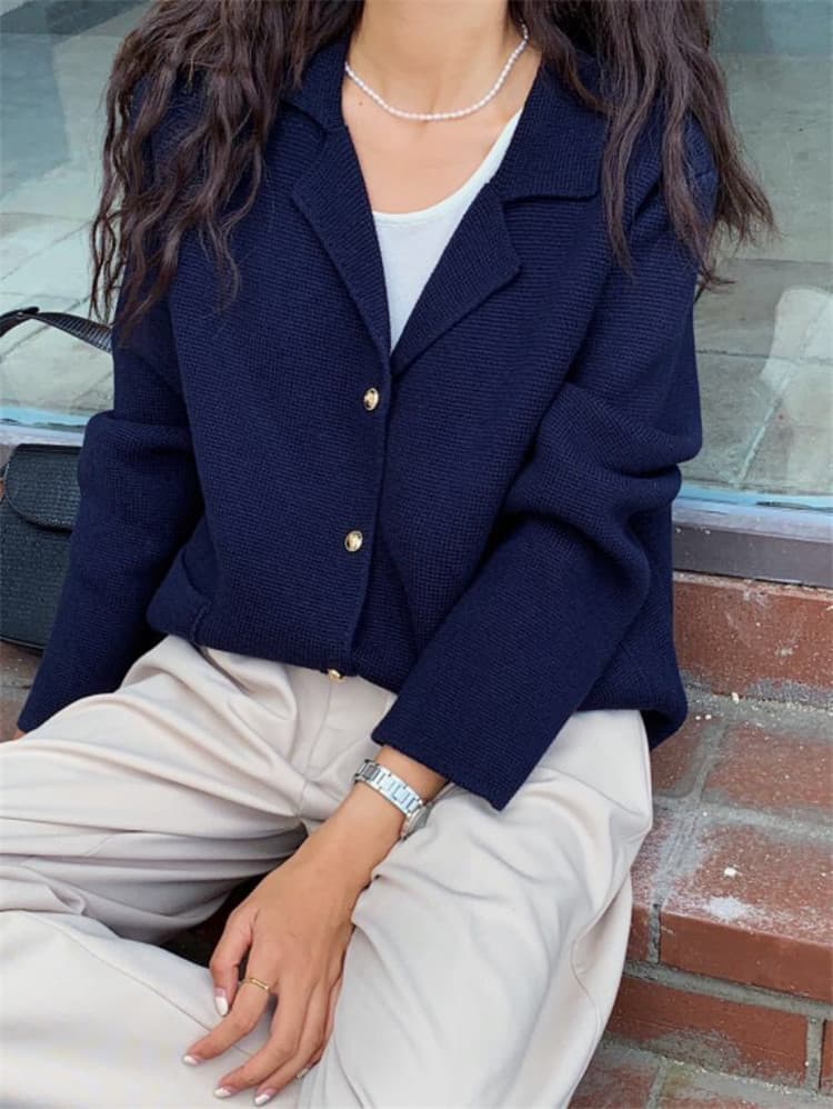 ネイビーコーデ レトロ風ニットアウター エレガントカーディガンコート