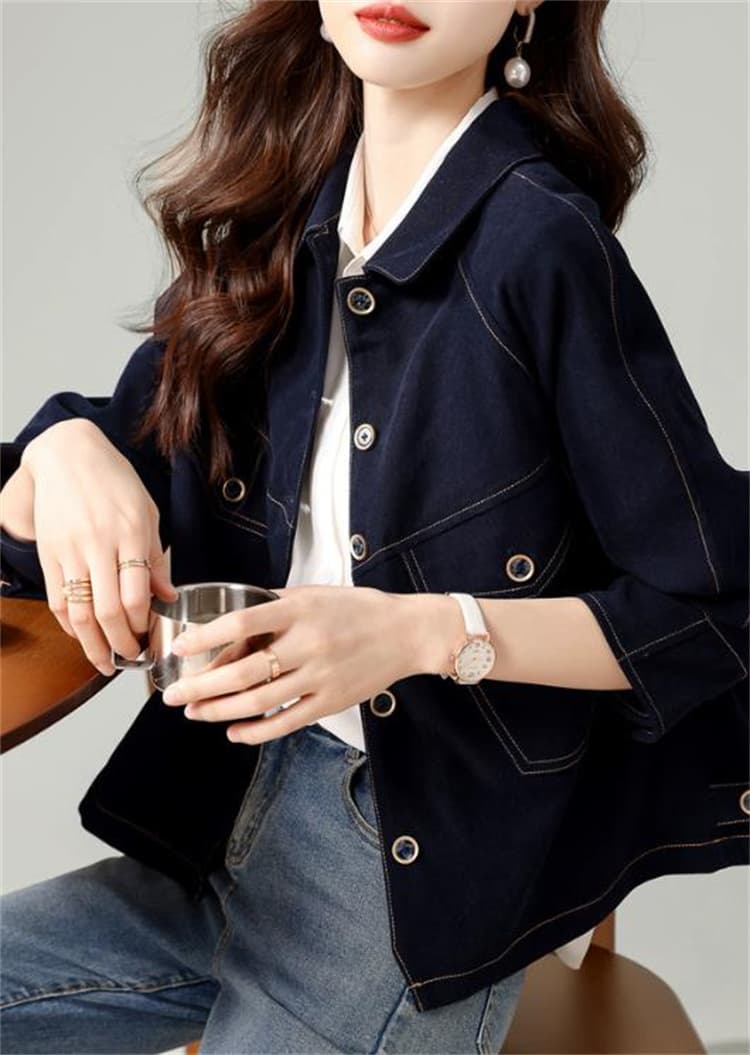 ネイビーコーデ レディース ネイビー アウター ジャケット レトロ風 ショート丈 コート