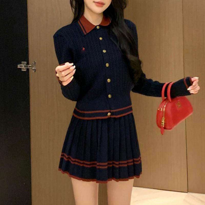 ネイビーコーデ 学生風プリーツスカート制服セット
