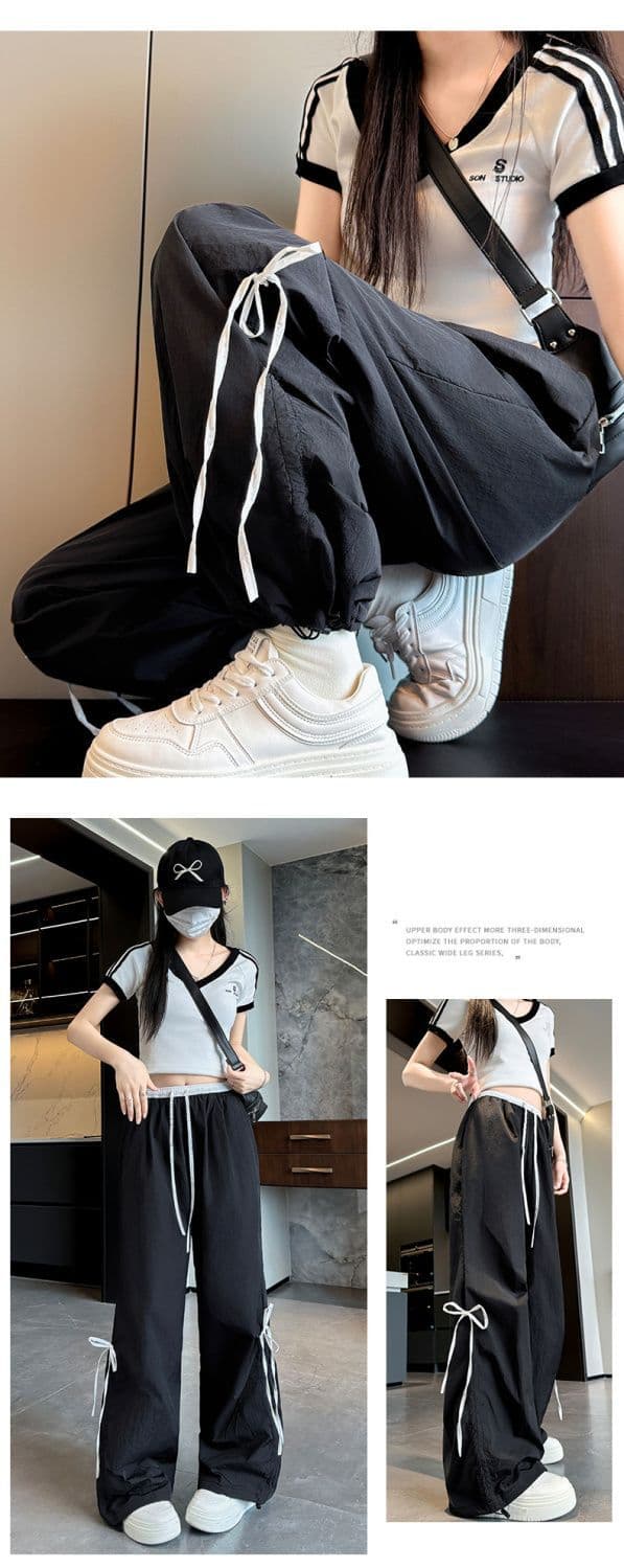 ネイビーコーデ リボンデザイン ワイドストレートパンツ