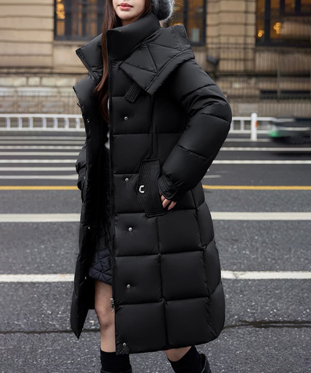 ネイビーコーデ フード付き中綿ロング丈防寒アウター