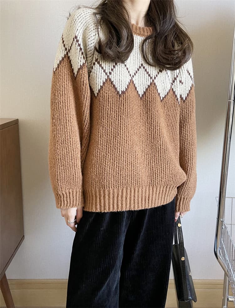 ネイビーコーデ 幾何学模様ニットセーター レトロ風トップス