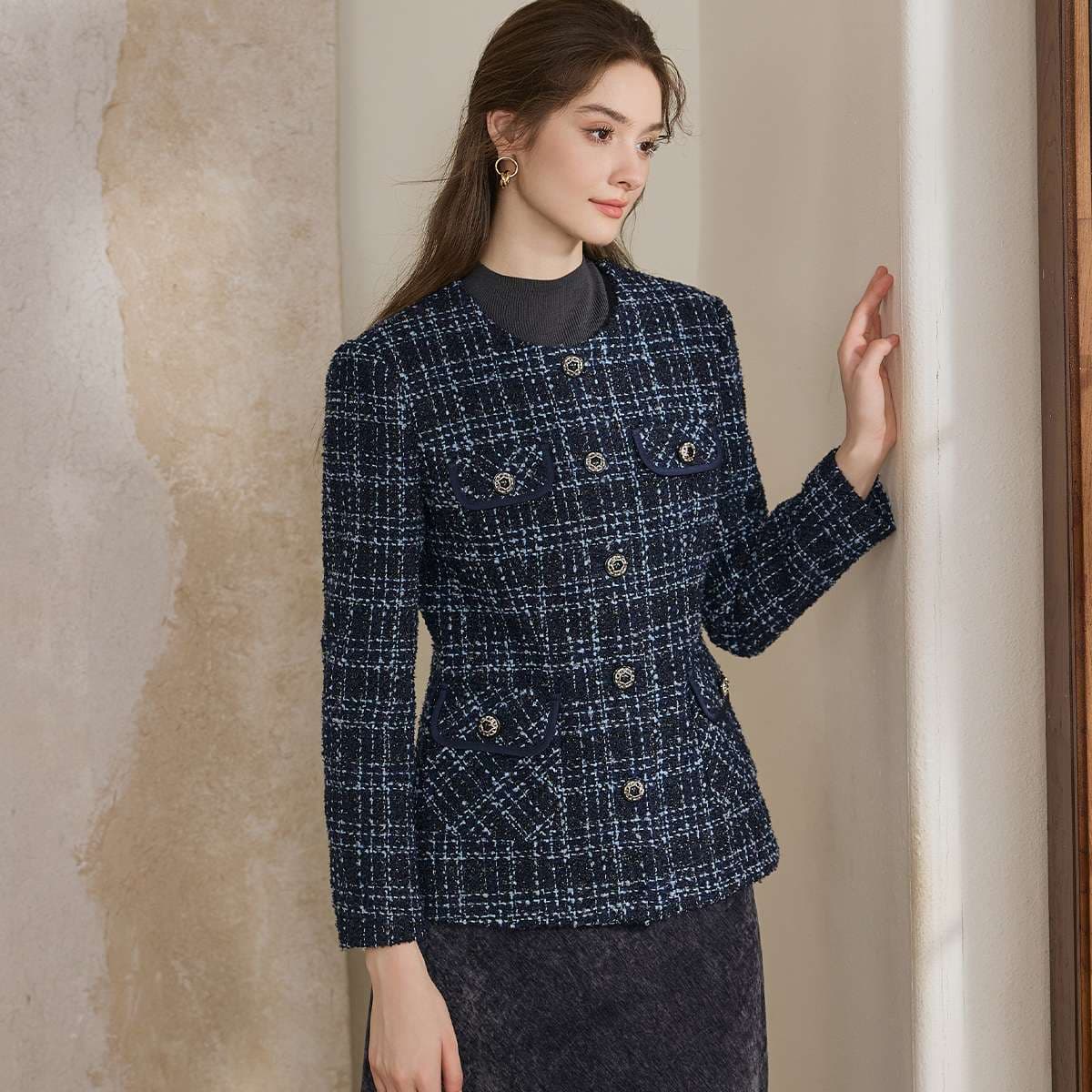 ネイビーコーデ ツイード編み ノーカラージャケット