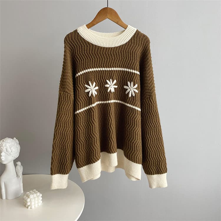 ネイビーコーデ 花柄プリントニットセータートップス ゆったりカジュアル