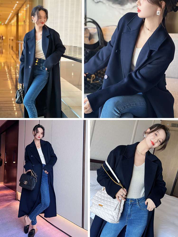 ネイビーコーデ ゆったりロング丈ダブルコート