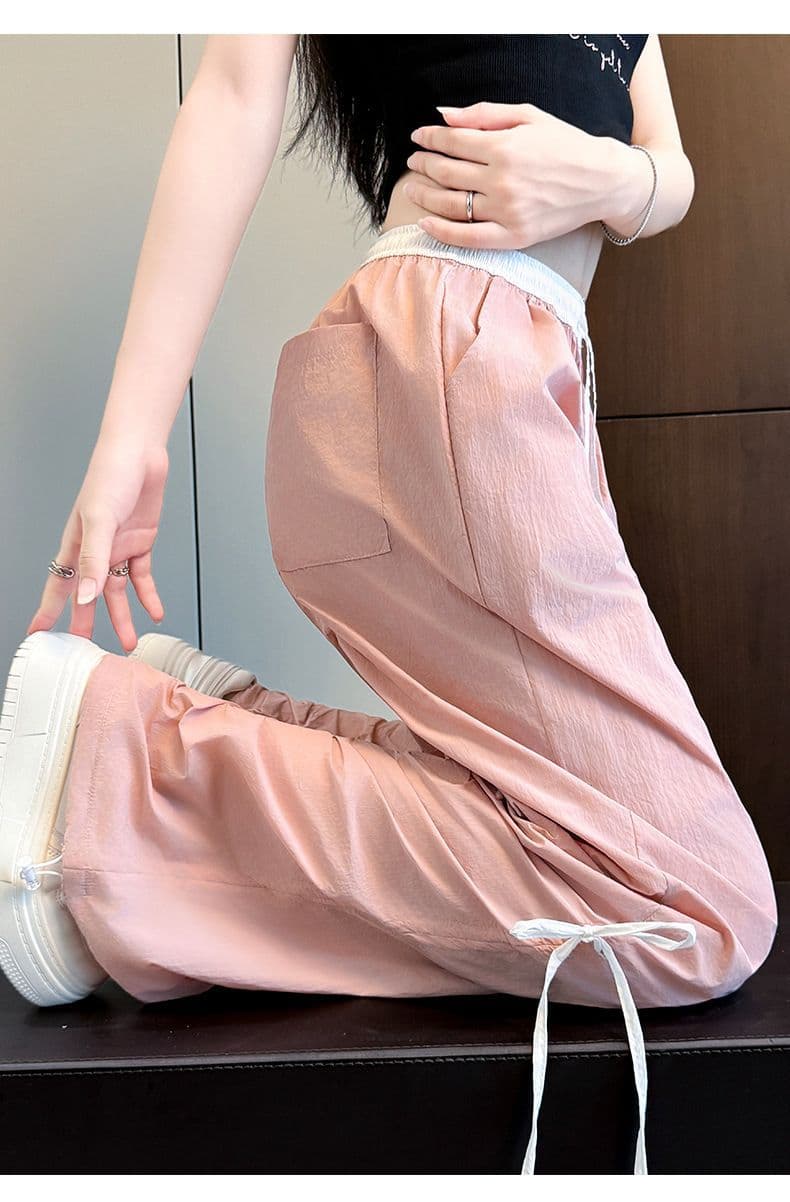 ネイビーコーデ リボンデザイン ワイドストレートパンツ