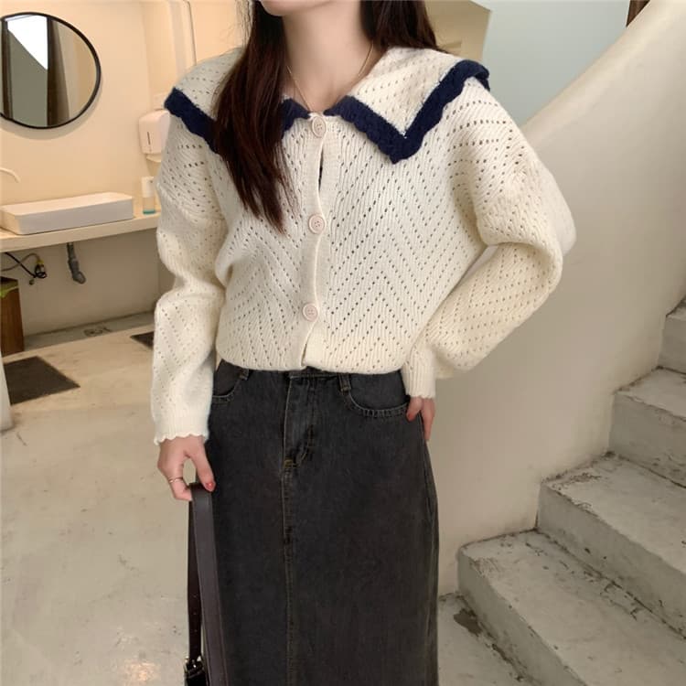 ネイビーコーデ 体型カバー襟付き暖かニットトップス可愛いセーター