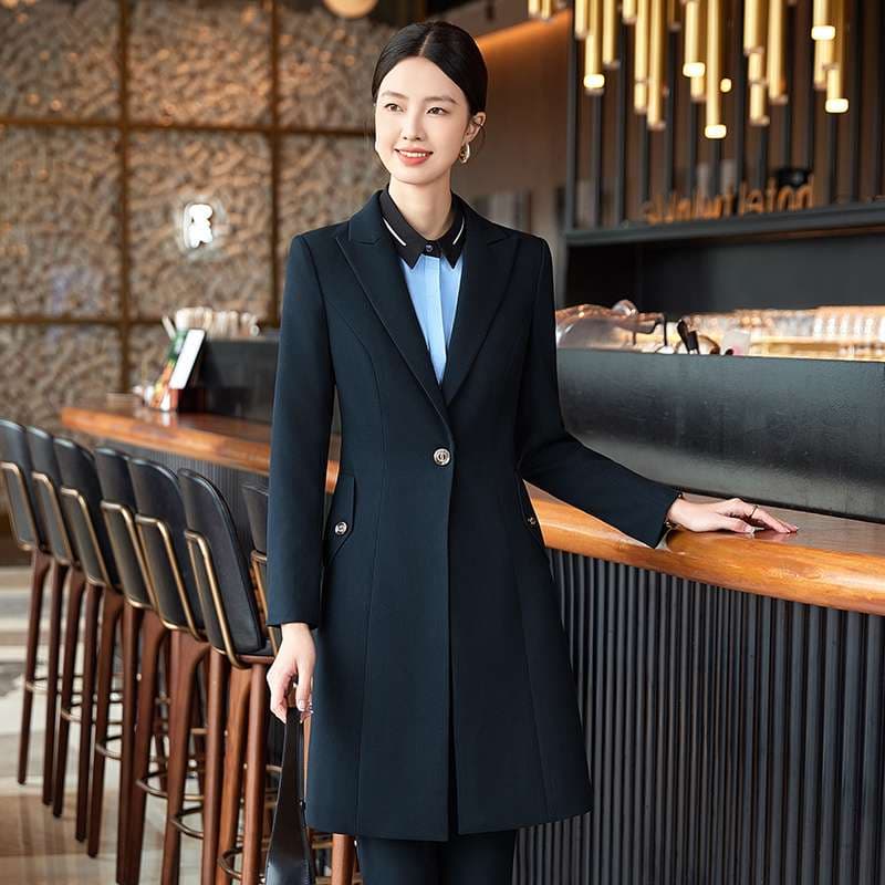 ネイビーコーデ バイカラー襟 ロングジャケットコート