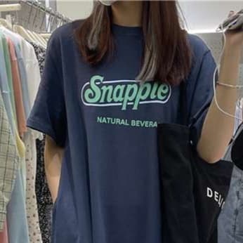 ネイビーコーデ レトロロゴゆったりワンピース