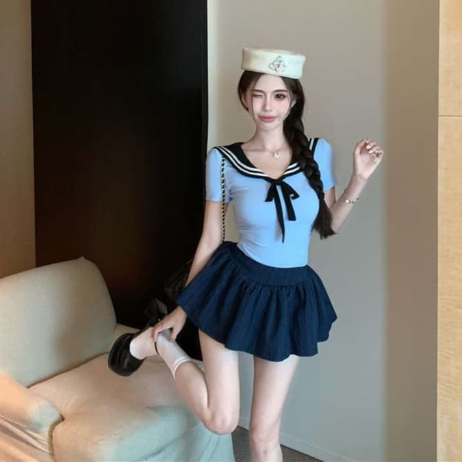 ネイビーコーデ マリン風リボン セーラー服制服 セットアップ
