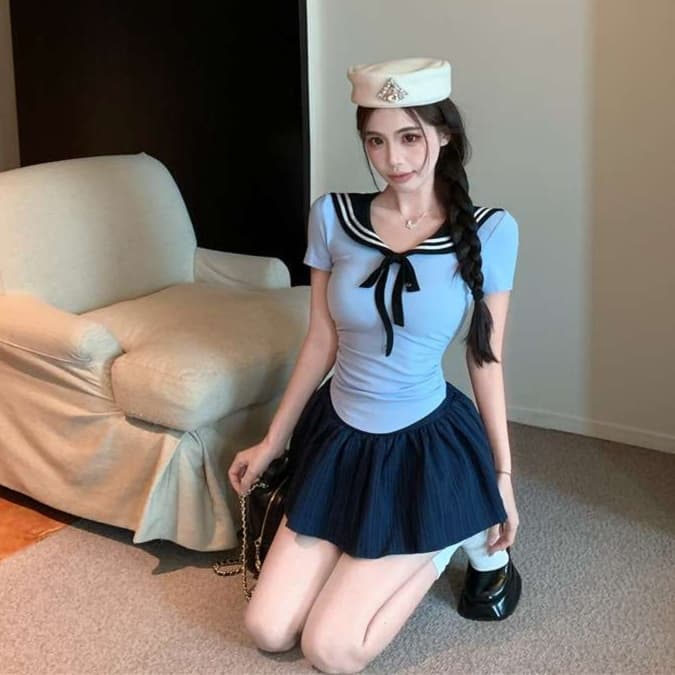ネイビーコーデ マリン風リボン セーラー服制服 セットアップ