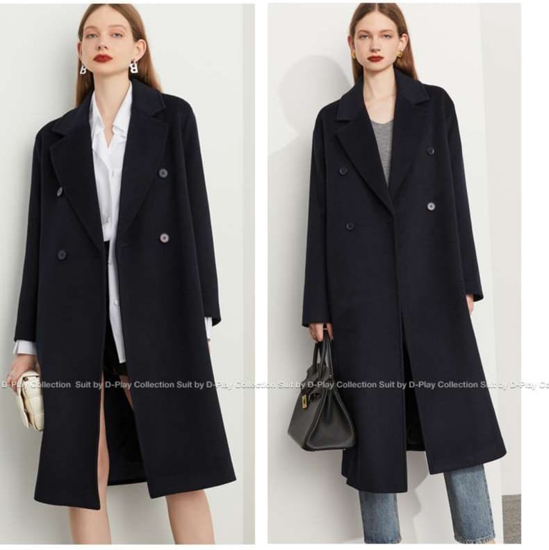 ネイビーコーデ ゆったりロング丈ダブルコート