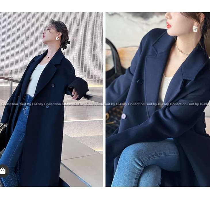 ネイビーコーデ ゆったりロング丈ダブルコート