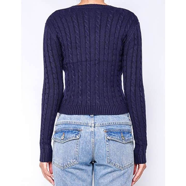 ネイビーコーデ ケーブル編みニットカーディガン
