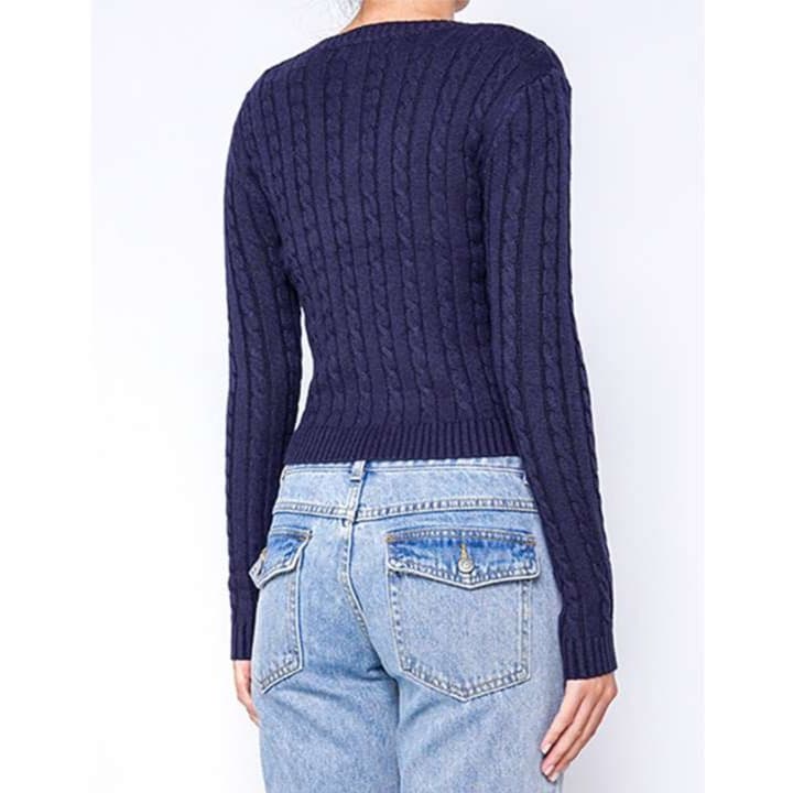 ネイビーコーデ ケーブル編みニットカーディガン