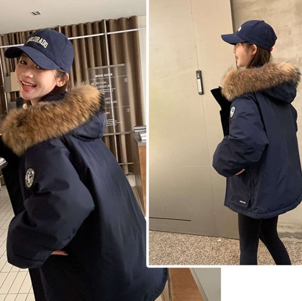 ネイビーコーデ ふわもこフード付きダウンジャケット