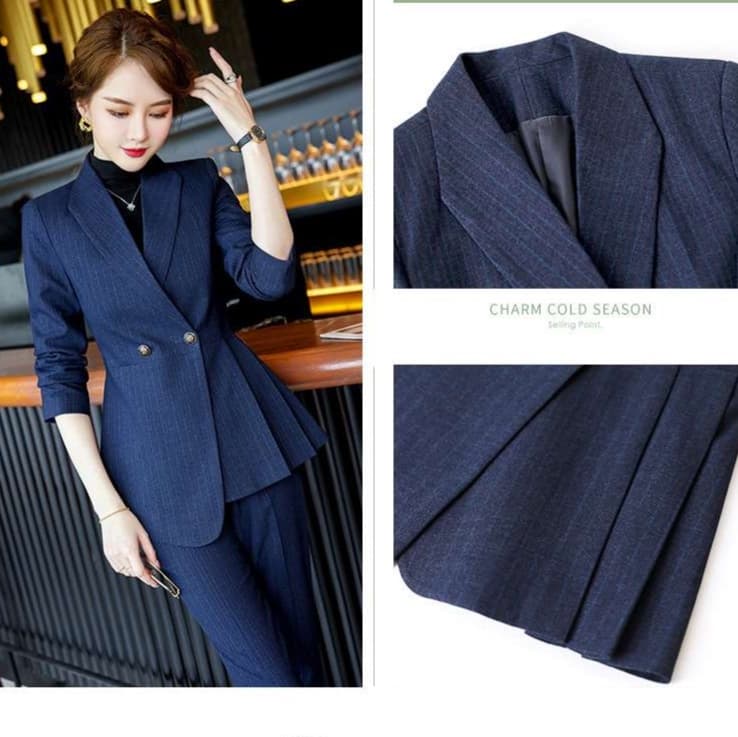 ネイビーコーデ 艶やかレディースベーシックセットアップ