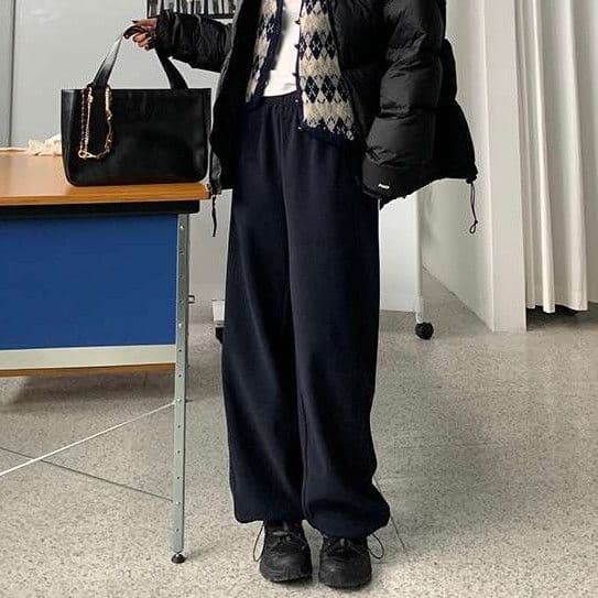 ネイビーコーデ ドレープストレートワイドパンツ