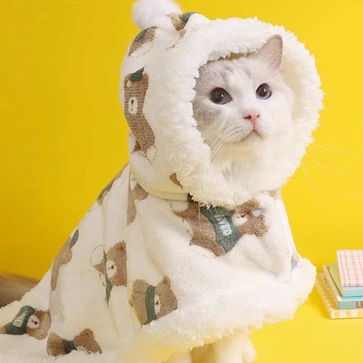 ネイビーコーデ もこもこ熊さん柄フード付き猫用パジャマ