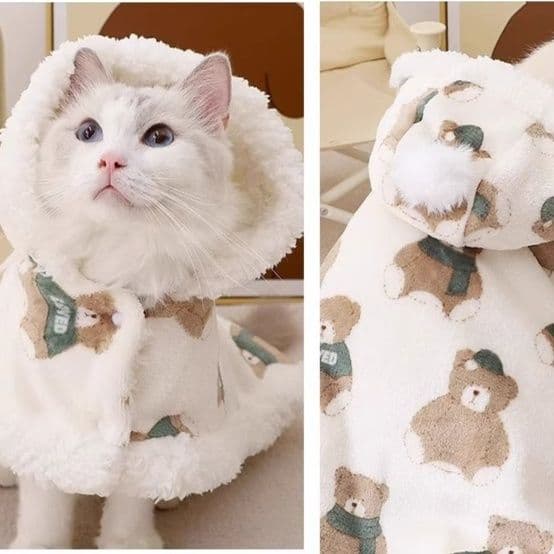 ネイビーコーデ もこもこ熊さん柄フード付き猫用パジャマ