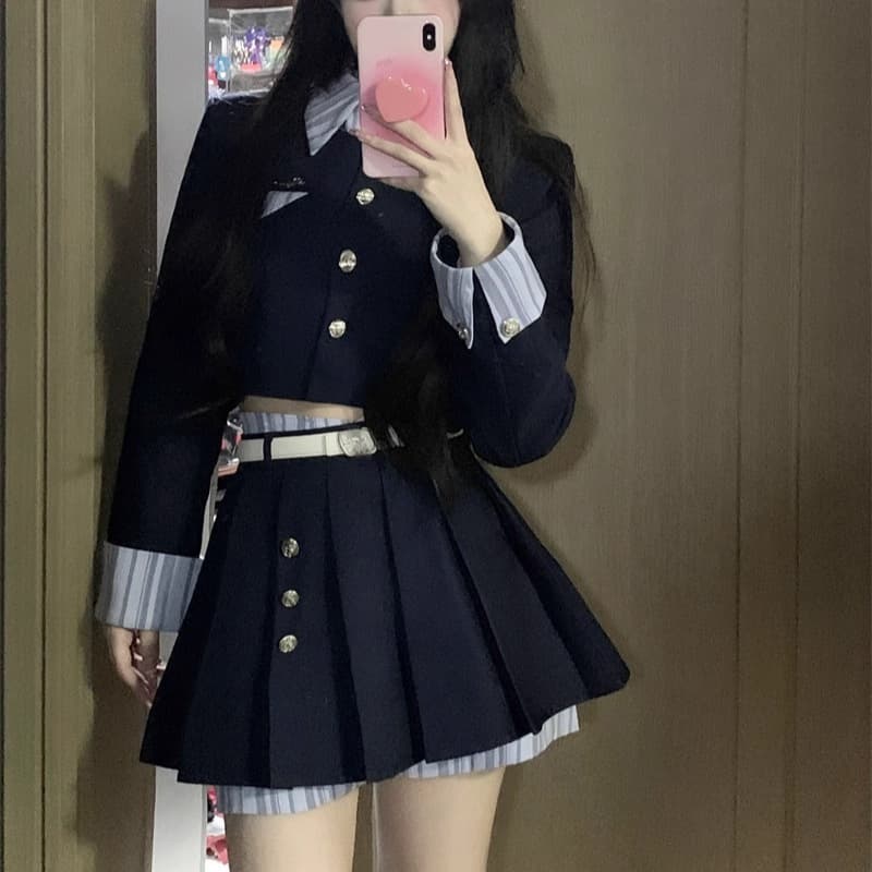 ネイビーコーデ 清楚学園制服コスセットアップ