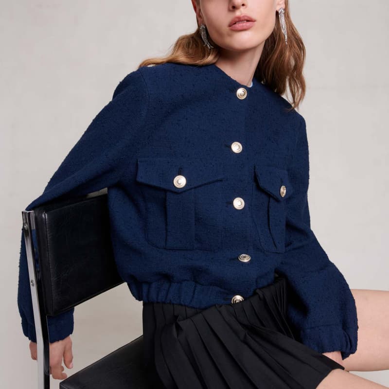 ネイビーコーデ フロントボタンラウンドネックジャケット