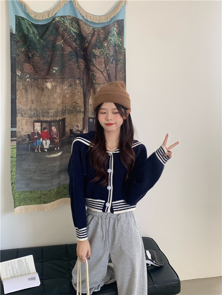 ネイビーコーデ 学院風ゆったりニットカーディガン トップス レディース