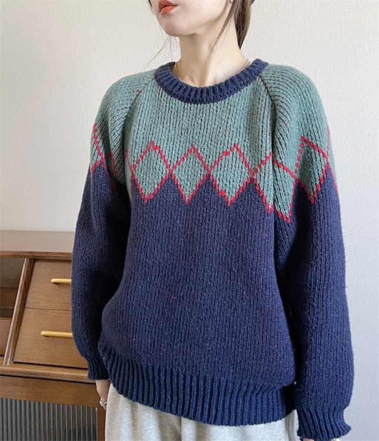 ネイビーコーデ 幾何学模様ニットセーター レトロ風トップス