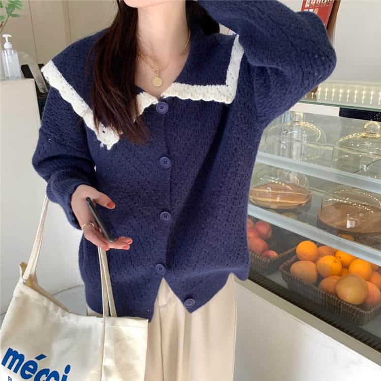 ネイビーコーデ 体型カバー襟付き暖かニットトップス可愛いセーター