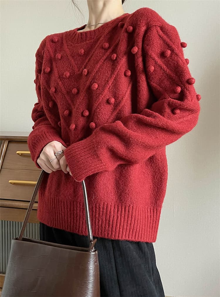 ネイビーコーデ 冬の暖かい厚手立体パール装飾トップス長袖ニット