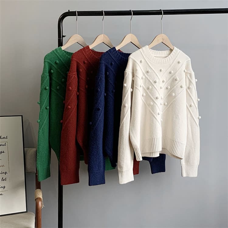 ネイビーコーデ 冬の暖かい厚手立体パール装飾トップス長袖ニット