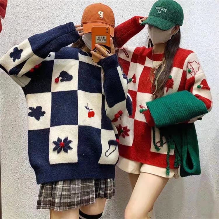 ネイビーコーデ クリスマス柄ニットセーター 長袖ゆったりトップス