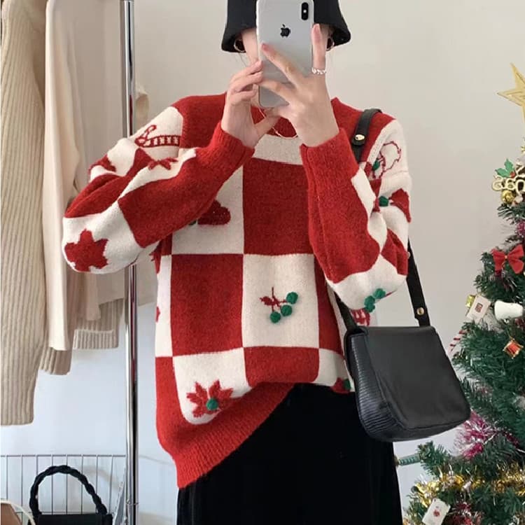 ネイビーコーデ クリスマス柄ニットセーター 長袖ゆったりトップス