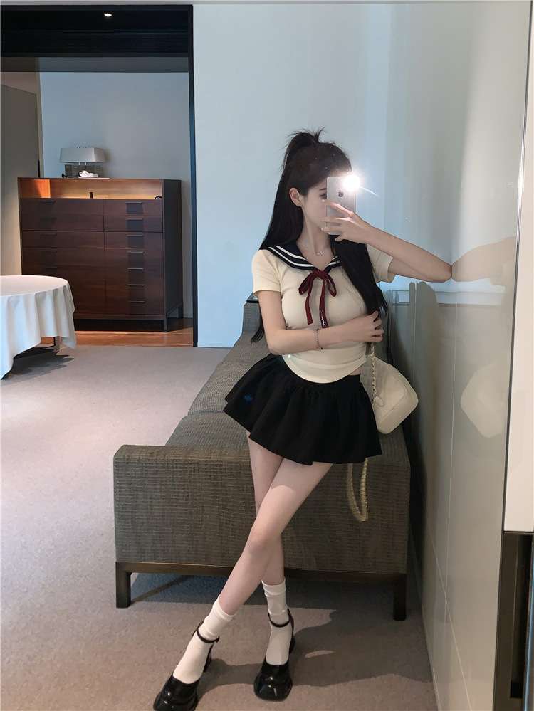 ネイビーコーデ マリン風リボン セーラー服制服 セットアップ