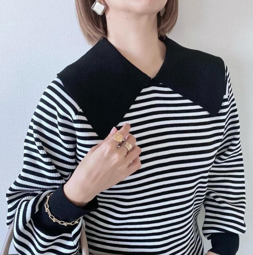 ネイビーコーデ ビッグカラーニットプルオーバー