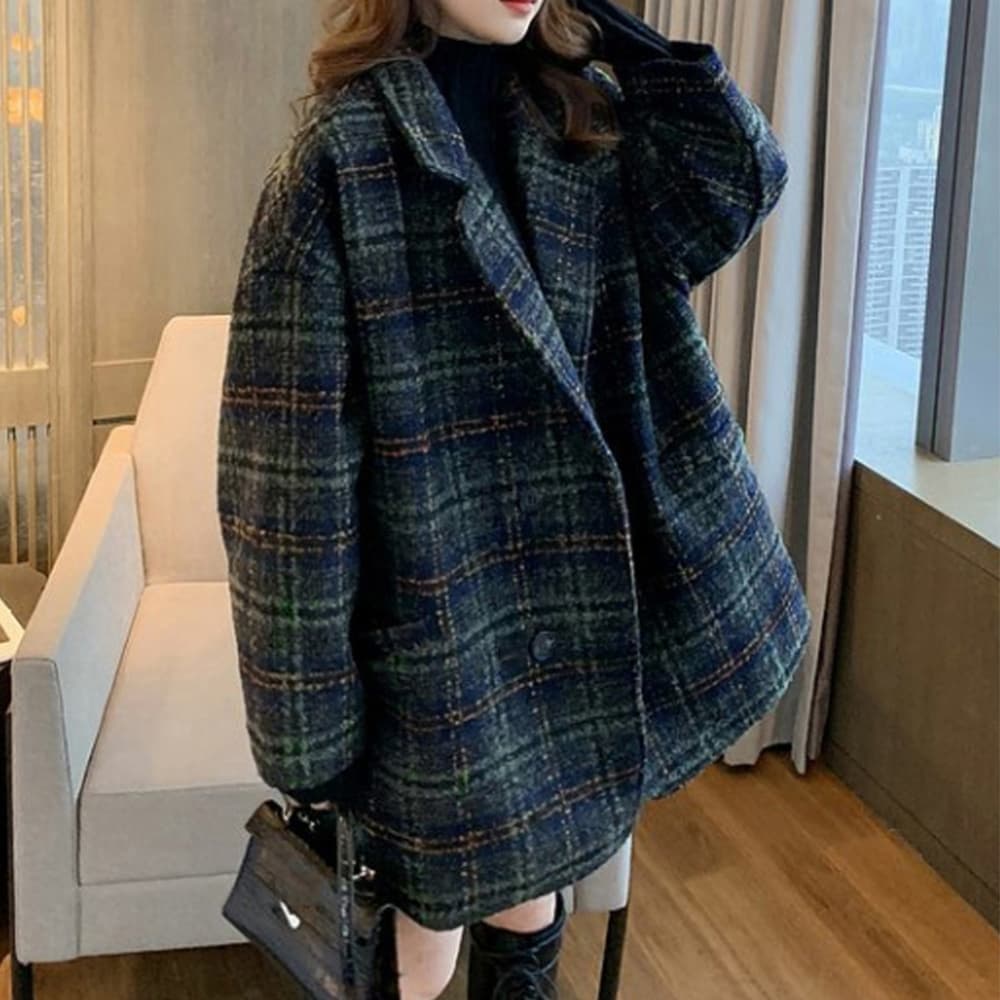 ネイビーコーデ ネイビー系チェック柄アウター レディース秋冬コート