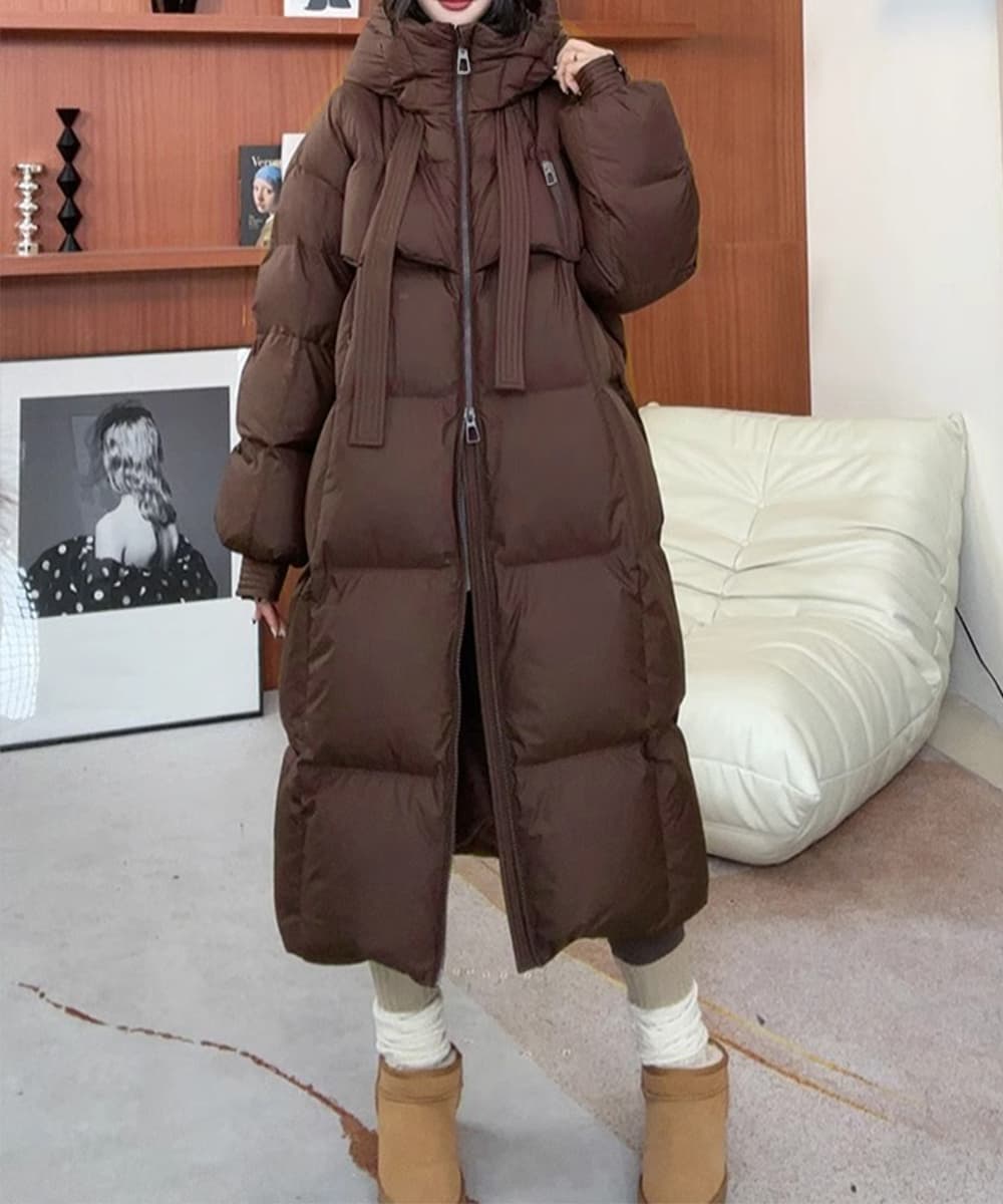 ネイビーコーデ フード付き中綿ロングコート レディース 冬アウター