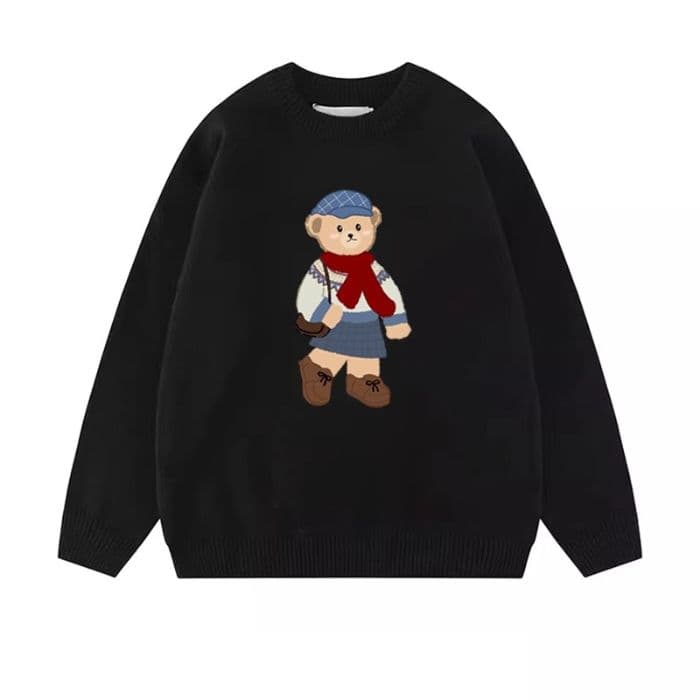 ネイビーコーデ くまさん刺繍入りあったかニット