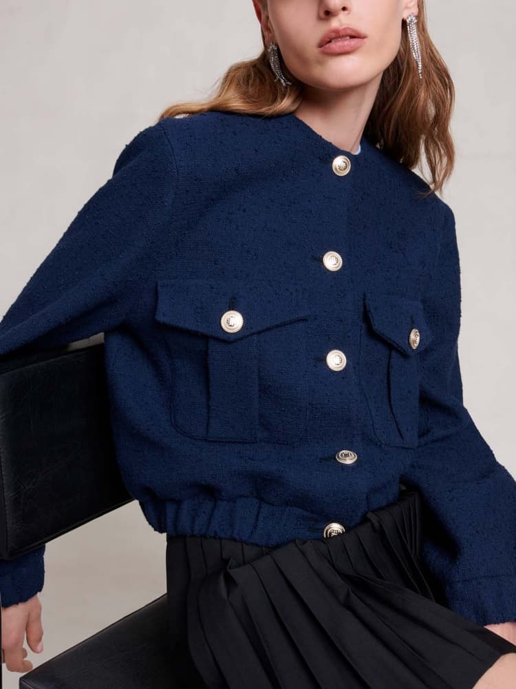 ネイビーコーデ フロントボタンラウンドネックジャケット
