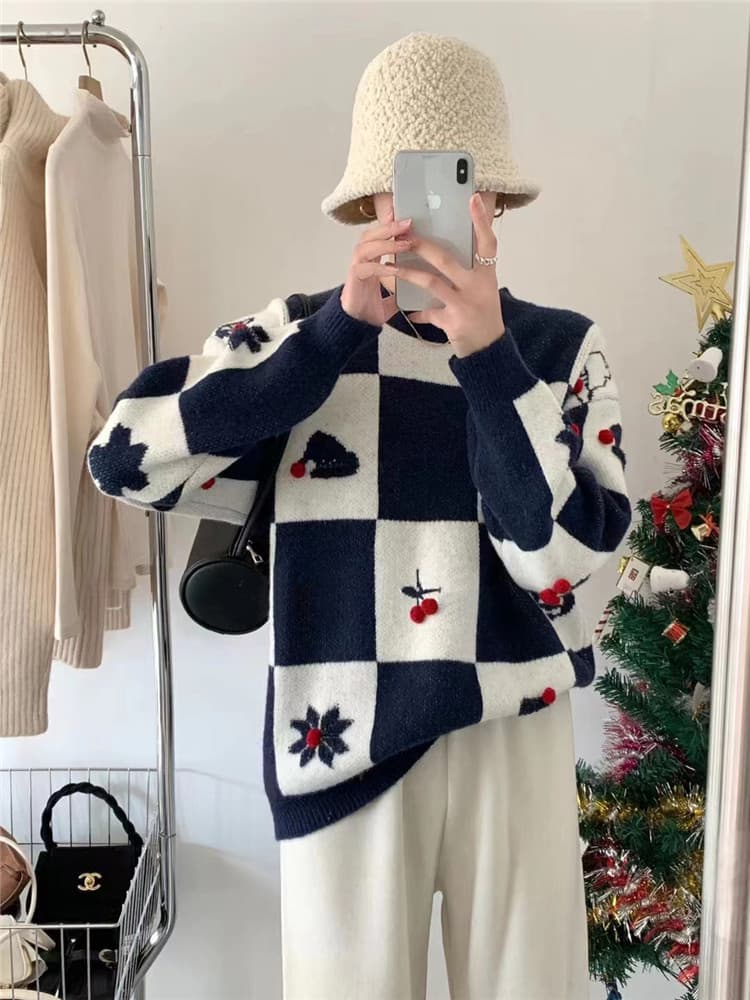 ネイビーコーデ クリスマス柄ニットセーター 長袖ゆったりトップス