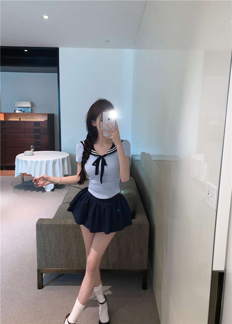 ネイビーコーデ マリン風リボン セーラー服制服 セットアップ