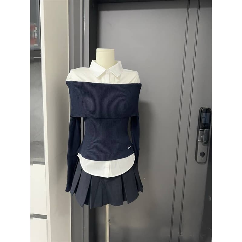 ネイビーコーデ スクールガール風オフショルスタイルで清楚＆おしゃれに