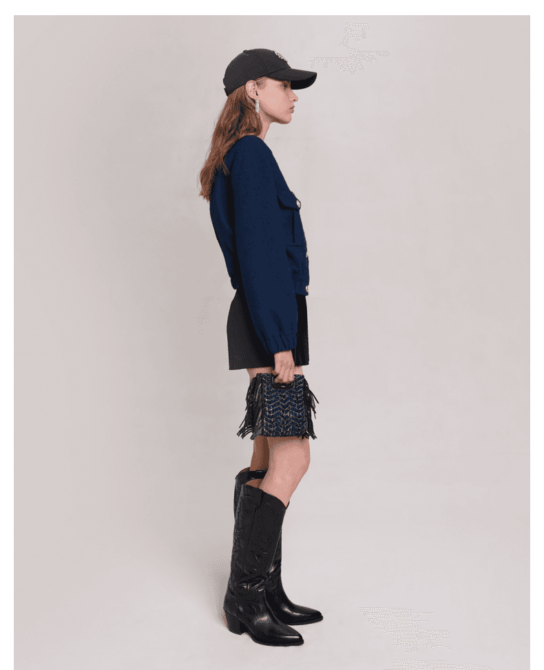 ネイビーコーデ フロントボタンラウンドネックジャケット