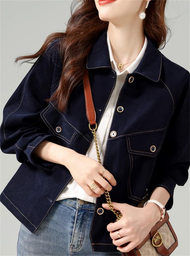 ネイビーコーデ レディース ネイビー アウター ジャケット レトロ風 ショート丈 コート